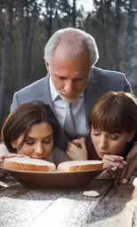 an older man is surrounded by two young women