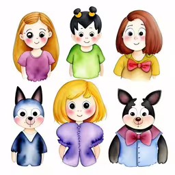 six children with different hair colors,a bunch of children in bow ties and t shirts,a group of cartoon people wearing different outfits,a group of different cartoon animals sitting next to each other,four children in different colored shirts with bow ties