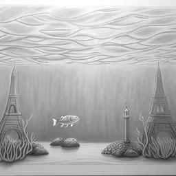 drawing a light house in the middle of water with two fish near it,an artistic drawing of a sea bottom with a fish and lighthouse,drawing of a seashell, lighthouse, fish and seaweed,pencil drawing of eiffel tower and fish underwater scene,a drawing shows a sea view and many fish swimming