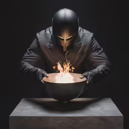 a man in a suit is holding a fire bowl with both hands
