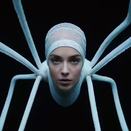 a woman wearing a white head covering while standing between two poles