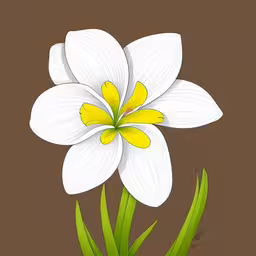 a white flower with yellow stamens on a brown background,a white and yellow flower sitting next to green leaves