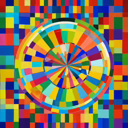 an abstract colorful painting of a wheel in different colors,a multicolored circular with several smaller squares inside it