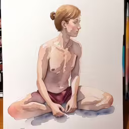 a painting of a person with no shirt sitting in the middle of a room