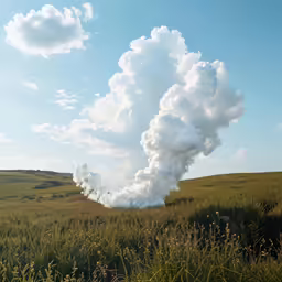 a large white smoke stack in the distance on top of a grassy hill