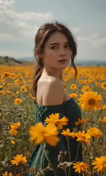 a girl in a green dress is in a field full of yellow flowers