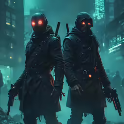 two men in hoodeds are standing with guns