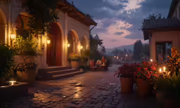 candles lit outside of a house at night
