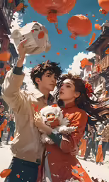 a couple is being lifted above orange balls