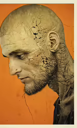 a drawing of a bald man with torn up skin