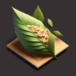 a 3d rendering of leaves and chips on a wooden board