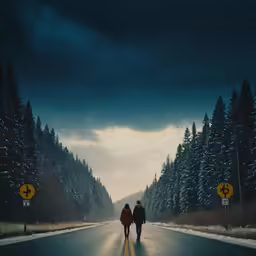 two people walking down a road at night in the rain