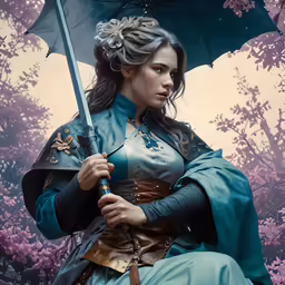 a beautiful lady in blue dress holding a black umbrella