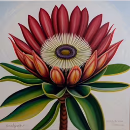 a painting of a red and white flower,a painting of a flower with large leaves