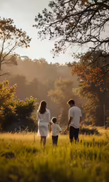 the man and woman hold hands as they walk through the grass