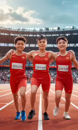three athletes who are standing together at the track