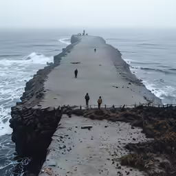 the pier on a foggy day overlooks the ocean