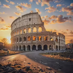 an ancient building with sun setting in background