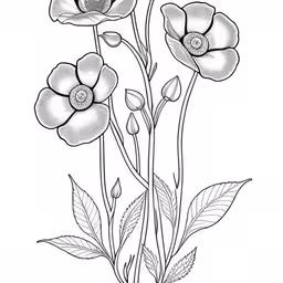 a black and white floral clipart of three flowers,three flowers with two leaves in the middle