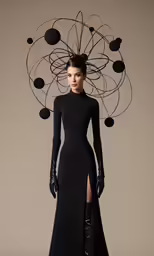 a woman in black dress with a sculpture behind her