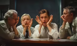 three people stand in a row while their hands held up as they react