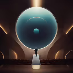 an image of a man standing near a giant object