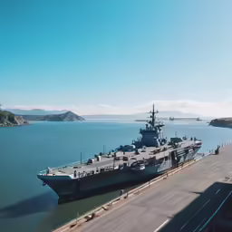 a large military vessel docked at the end of a dock