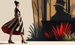a woman is walking down a street wearing a hat