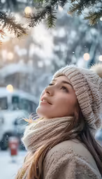 woman in winter hat and scarf looking upward under the snow