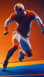 the man in an orange jersey and blue helmet is playing with a frisbee,a football player in the center of a tight stance