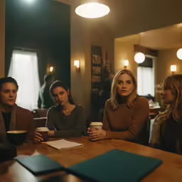 three people sit at a table in a darkened room