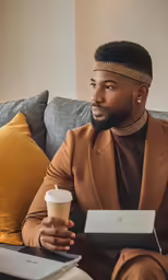 a black man in a gold head wrap and suit holding a cup of coffee