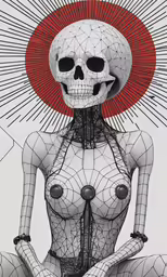 a skeleton wearing a red hat and body in meditation