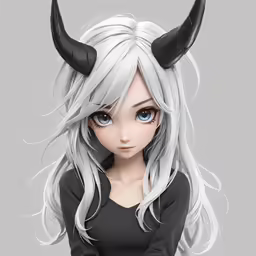 an anime female with long white hair wearing horns
