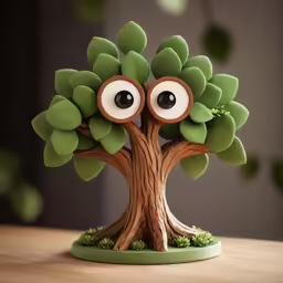 a wooden tree with green leaves and two eyes on top of it