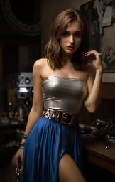 a young woman posing wearing a silver top and blue skirt