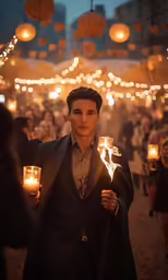 a man standing in a crowd holding candles