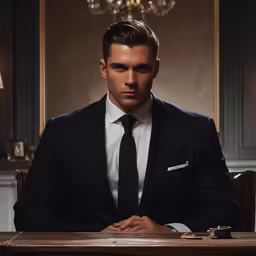 a young man in a black suit, white shirt and tie sitting at a table