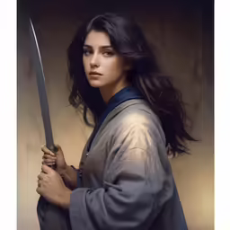 a young lady poses holding a sword in her hand