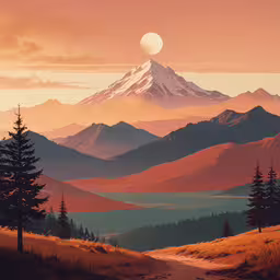 painting of a mountain valley with the sun rising behind it,the beautiful mountain landscape depicts a majestic majestic sunrise