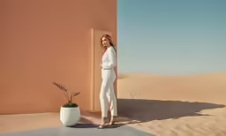woman standing against a tan wall and white planter