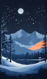 snowy mountains and trees in front of a full moon,a snow scene with some trees and hills