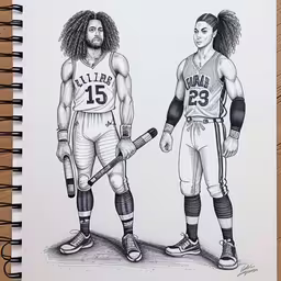 a sketch of two men wearing jerseys and holding hockey sticks,two drawing of athletes one with a ball and the other holding a bat,a couple of people that are standing in front of a drawing,two basketball players, one is holding a bat and the other is a ball player,this drawing shows the two professional athletes from the atlanta hawks
