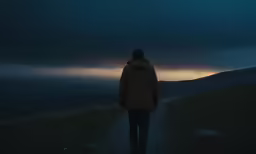 the person in the rain is walking alone