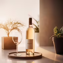 a bottle and a glass sit on a tray