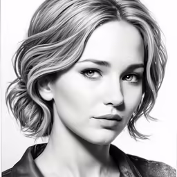 the face and neck of a woman with short hair and a black jacket