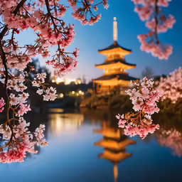 there are cherry blossoms with the water reflecting it