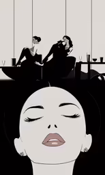 the head of a woman in profile, with a man sitting at the table behind her