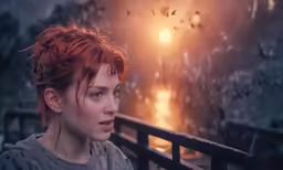 a red haired girl looks off into the distance