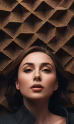 a young woman poses next to the geometric design